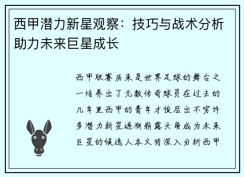 西甲潜力新星观察：技巧与战术分析助力未来巨星成长